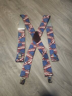 American Flag Hold Up Brand Clip Suspenders Red White Blue Patriotic USA EUC
